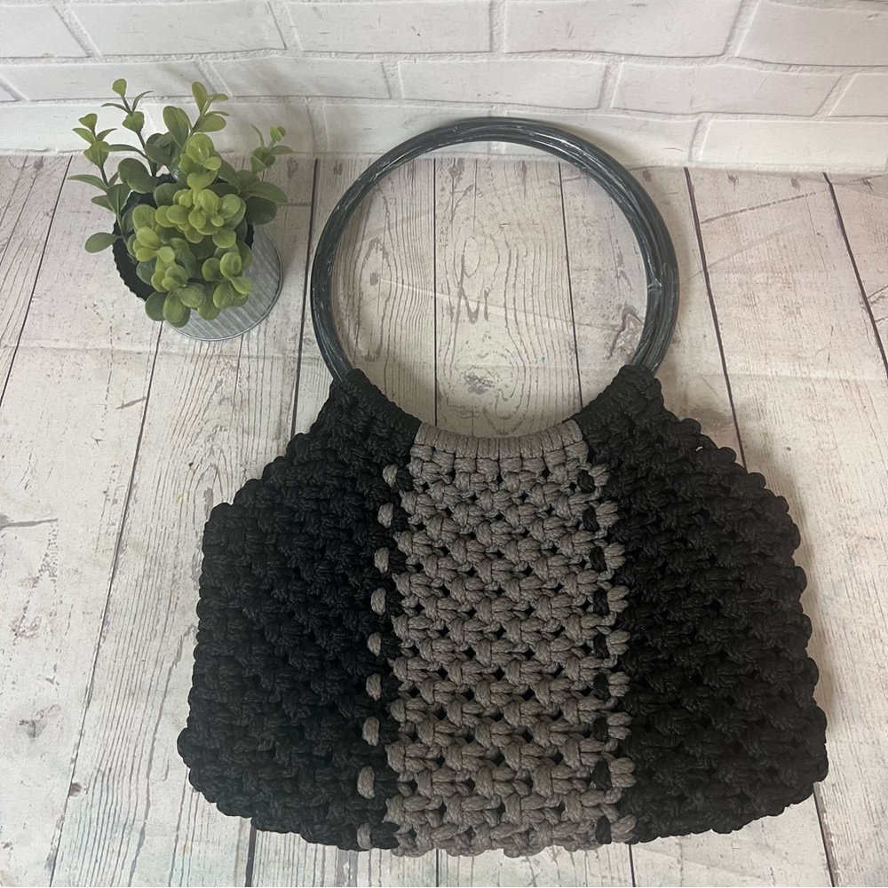 Vintage Macrame Handbag Purse  Black Gray Bag Handmade Boho Round Handles MCM